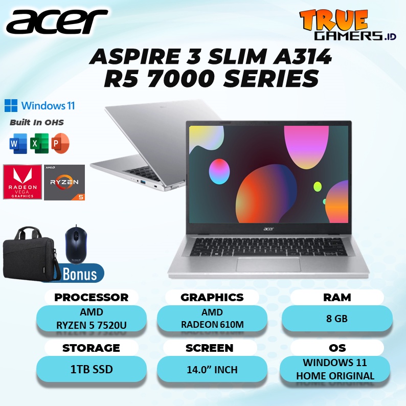 Laptop Acer 2023 A314 Ryzen 5 7520U RAM 8GB 1TBssd FREE OHS 14 INCH