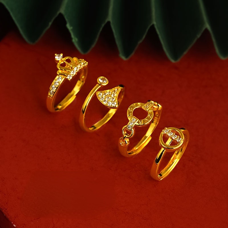 Goldkingdom Fashion Perhiasan 24 K Bangkok Aksesoris Ready Stock Ginkgo Daun Indah Cincin Mahkota Micro Berlian-Ukir Hadiah Untuk Wanita