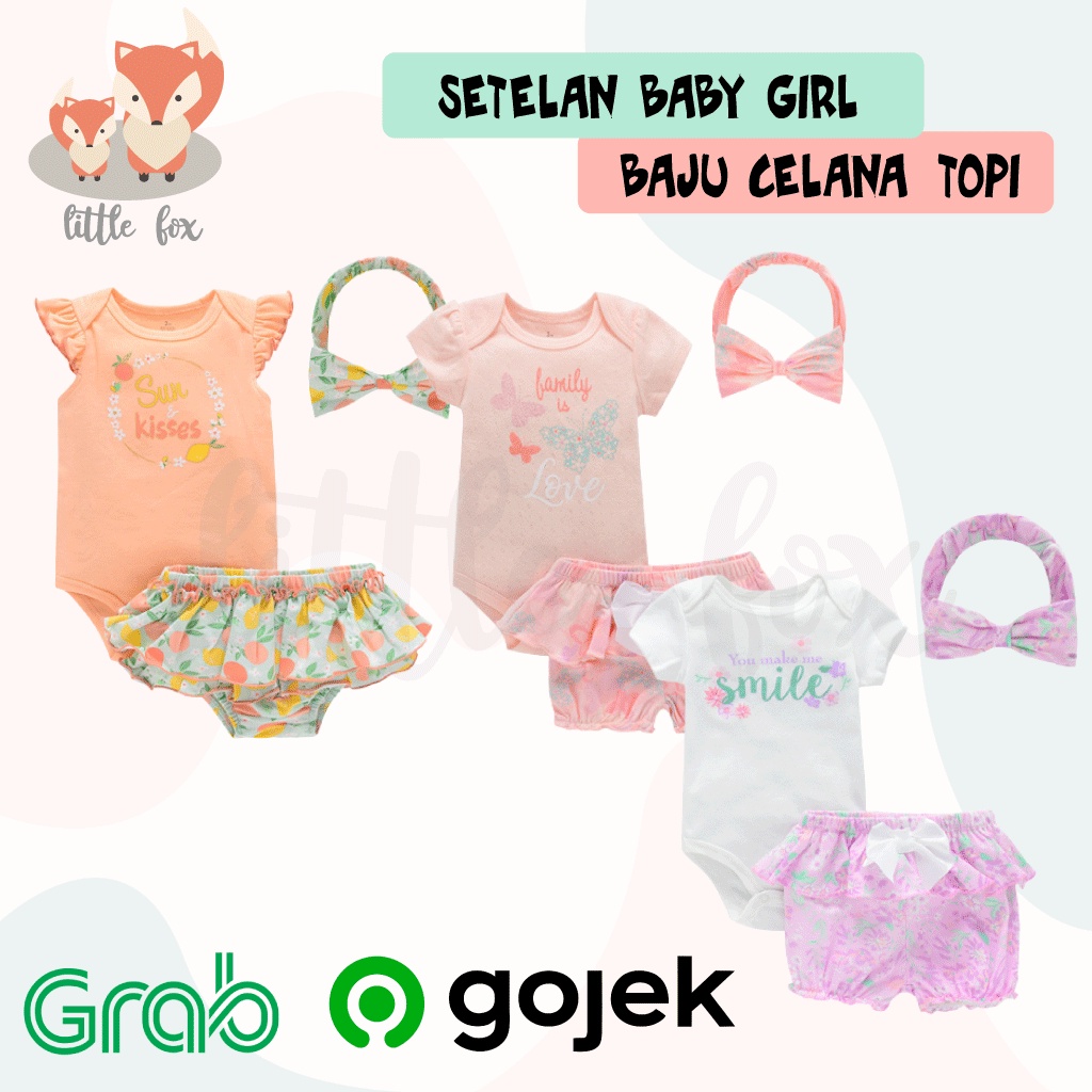 [ IMPORT ] SETELAN BAJU CELANA BANDANA BAYI NEWBORN BABY CEWEK / PEREMPUAN KATUN