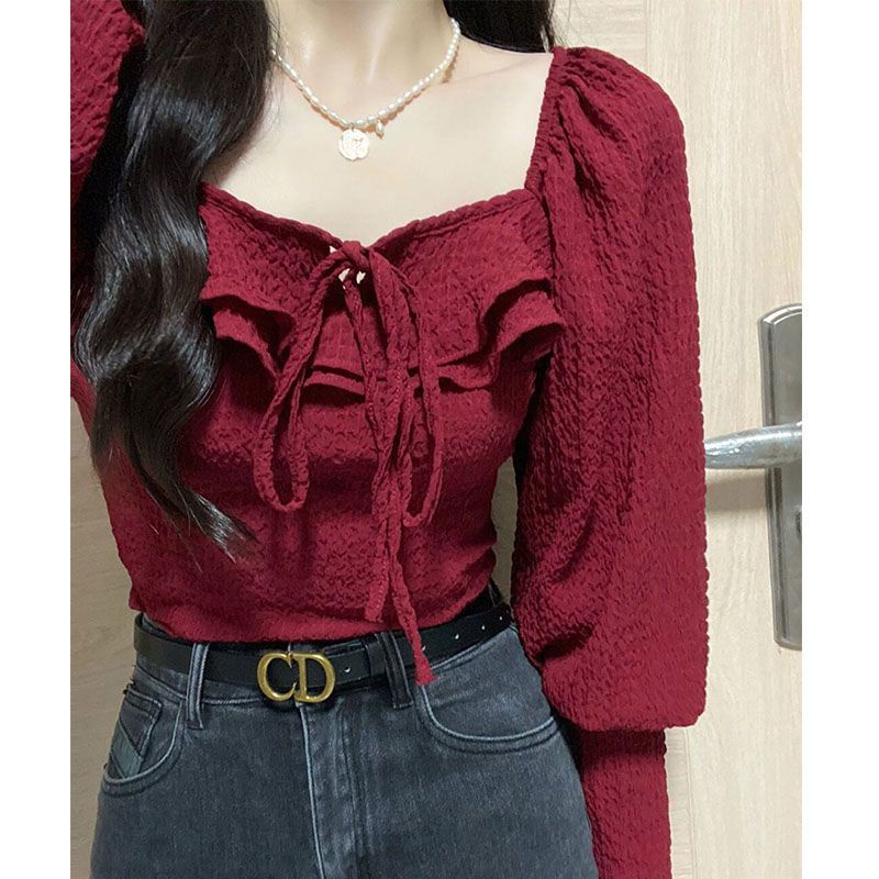 Red French square collar red shirt wanita musim gugur rasa desain ceruk ramping gaya barat gaya pendek cantik kemeja wanita kecil