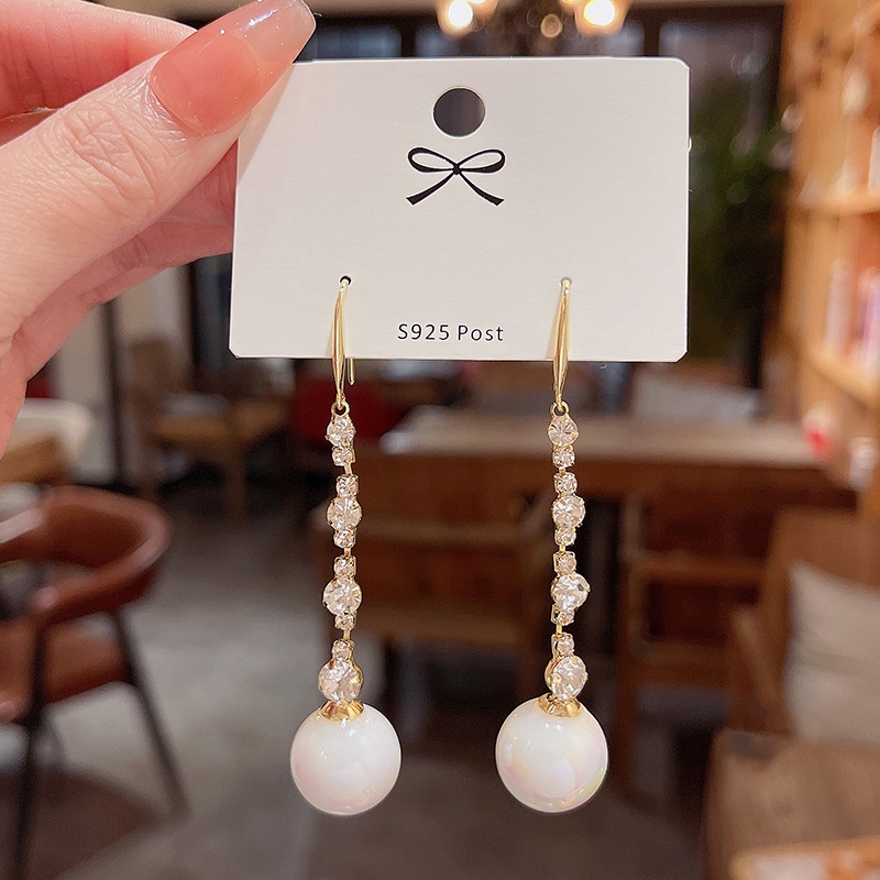 925jarum Perak Mewah Panjang Rumbai Zirkon Anting Fashion Mermaid Pearl Earrings