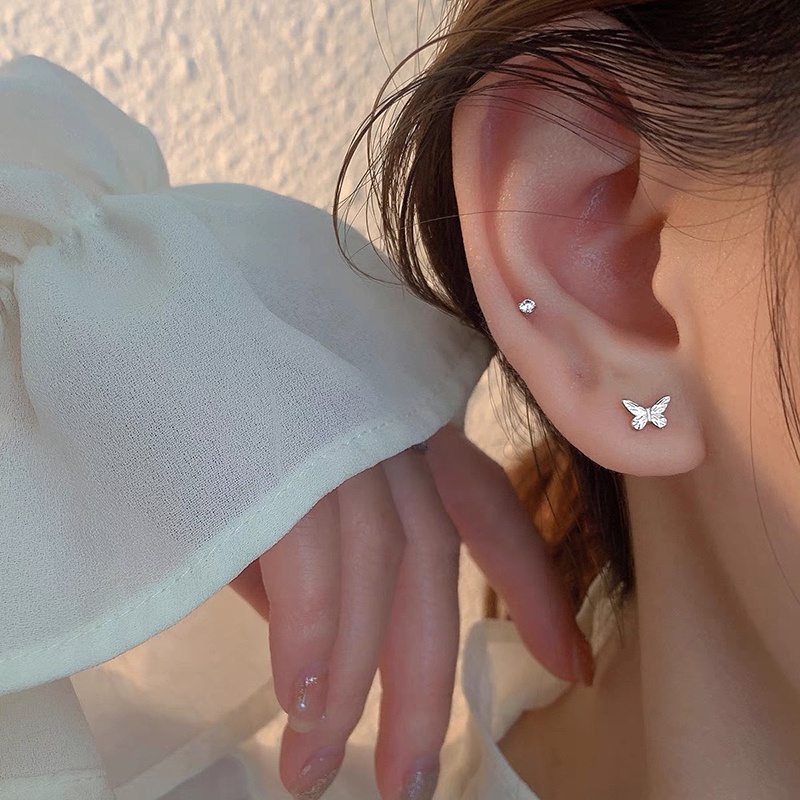 Roselife 2 Pcs Korea Perak Double-head Round Ball Butterfly Stud Earrings Untuk Wanita Perempuan Chic Tindik Tulang Rawan Sekrup Anting Telinga Tulang Perhiasan Hadiah