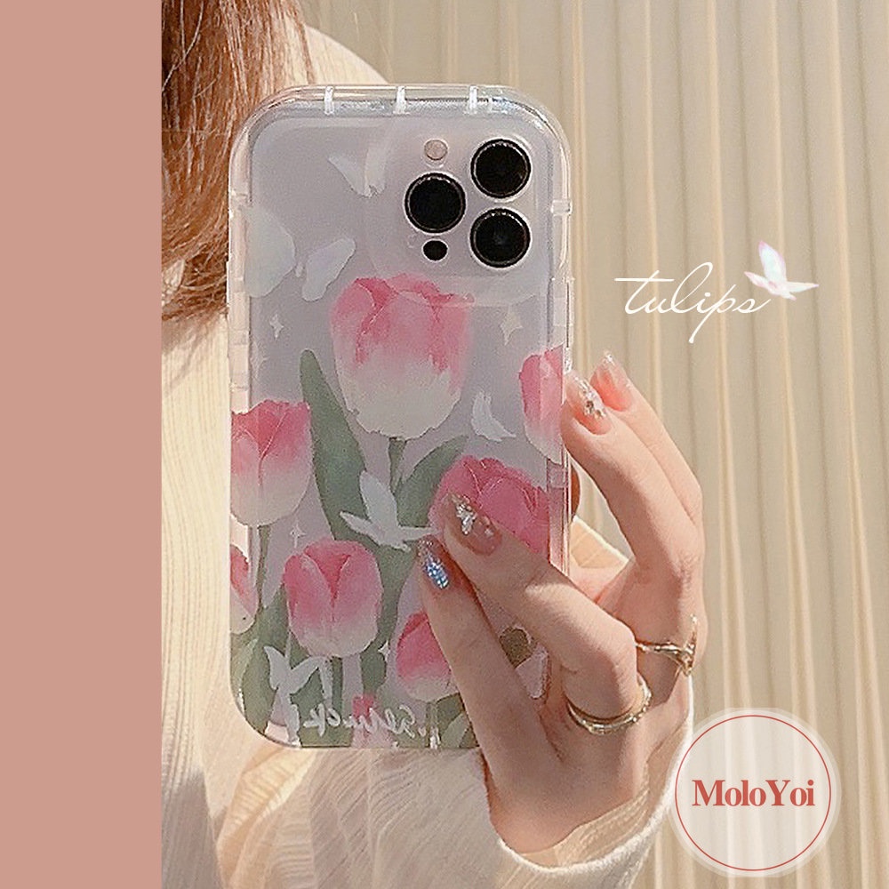 IPHONE Airbag Case Kompatibel Untuk Iphone14 11 6 6S 7 8 Plus 13 12 Pro MAX XR X XS MAX Fashion Segar Musim Semi Bunga Tulip Kupu-Kupu Shockproof Lembut TPU Phone Case