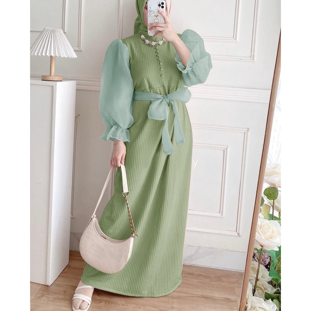 Gamis Nisya Varian Sage | Pakaian Muslim Wanita | Baju Muslim Kekinian | Casual Daily | Dress Menyus