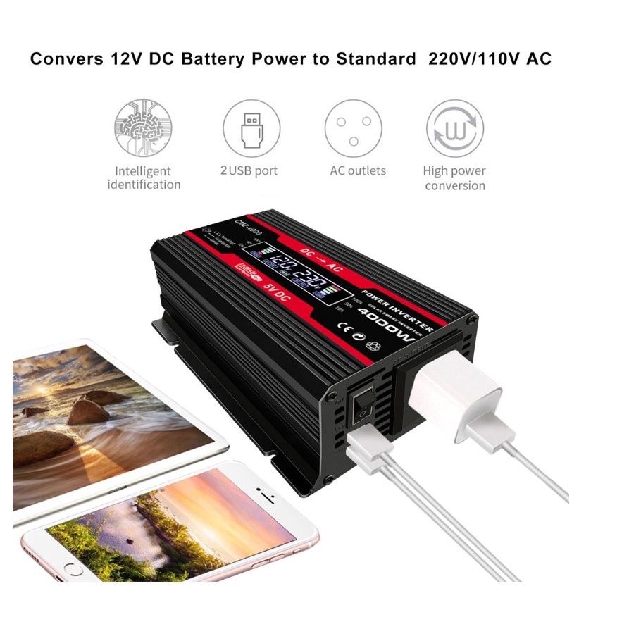 Power Inverter Pure Sine Wave PSW DC 12V/24V To AC 220V 3000W/4000W Mengubah arus DC ke AC CMZ-4000 2 USB Port LED MOBIL