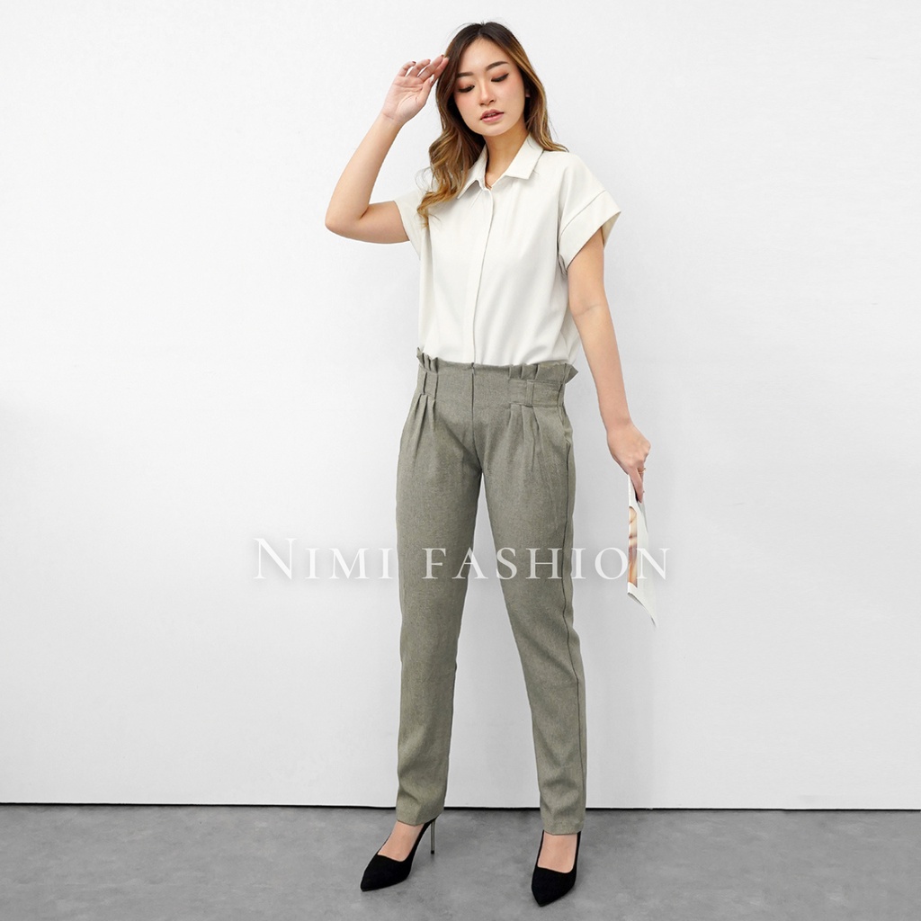 NIMI - Celana Kerja Kantor Wanita Highwaist Pinggang Rempel Karet Sleting Depan