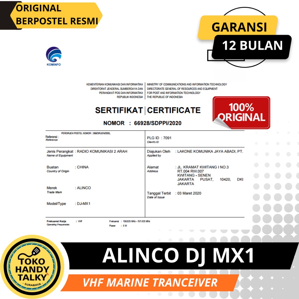 HANDY TALKY ALINCO DJ-MX1 MX1 VHF HT MARINE  KAPAL LAUT WATERPROOF IPX7 NEW ORIGINAL GARANSI RESMI POSTEL