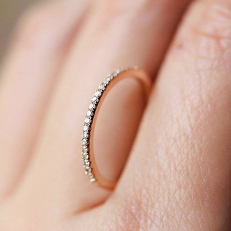 Shiny Simple Fashion Wanita Baris Tunggal Cincin Berlian Emas, Perak Rose Gold Women Ring