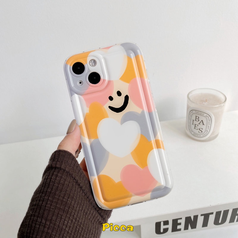 IPHONE Kartun Lucu Smiley Case Kompatibel Untuk Iphone14 11 13 12 Pro MAX XR 6 6S 7 8 Plus X XS MAX Warna-Warni Cinta Hati Lembut TPU Shockproof Airbag Pelindung Kamera Silicon Back Cover