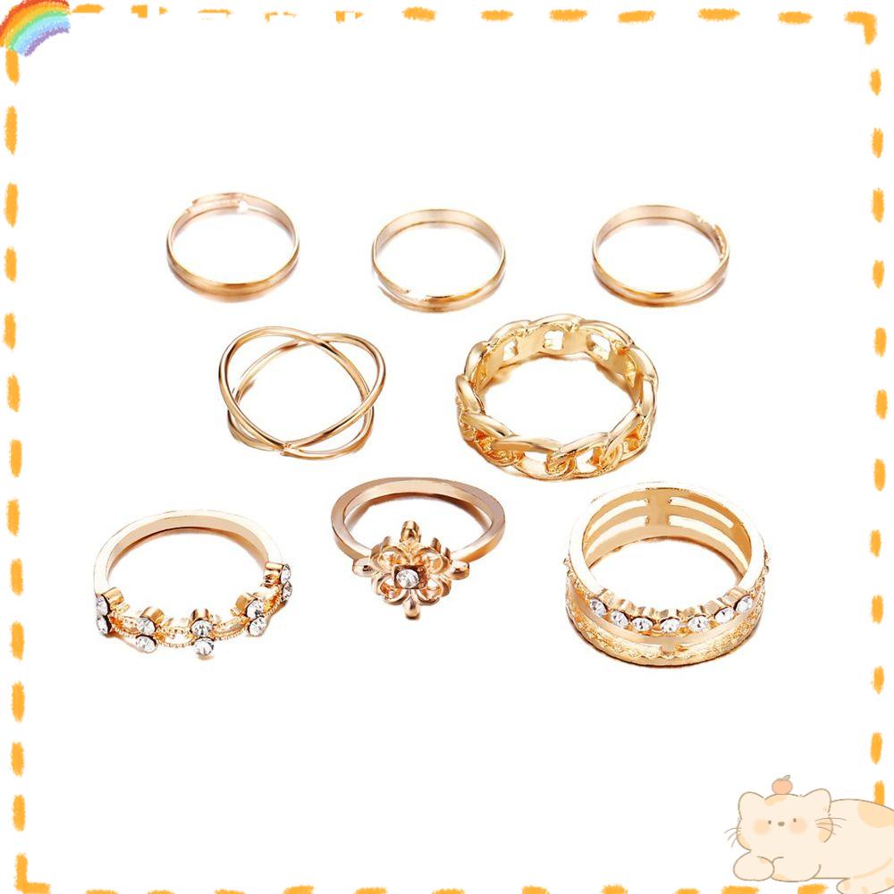 Solighter 8pcs/set Cincin Hadiah Perempuan Wanita Jari Rings Kristal Vintage