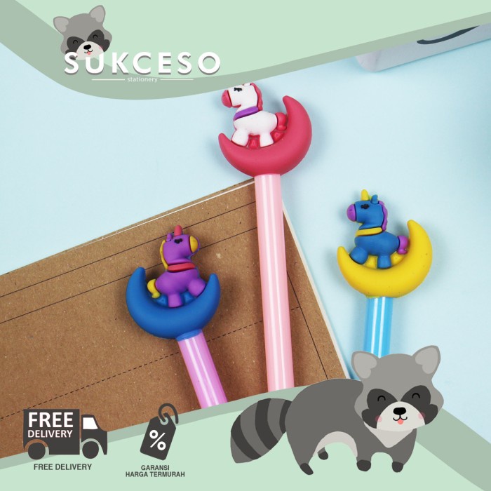 

~^~^~^] DIJUAL LUSINAN Fancy Pulpen Gel Pen ' Unicorn Naik Bulan Second ' Lucu