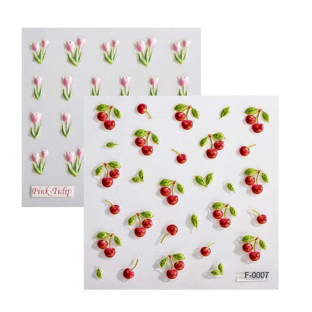 MXBEAUTY Bunga Stiker Kuku Fashion Ins Gaya Cherry 3D Relief Tulip Perekat Diri Stiker Kuku Kupu-Kupu