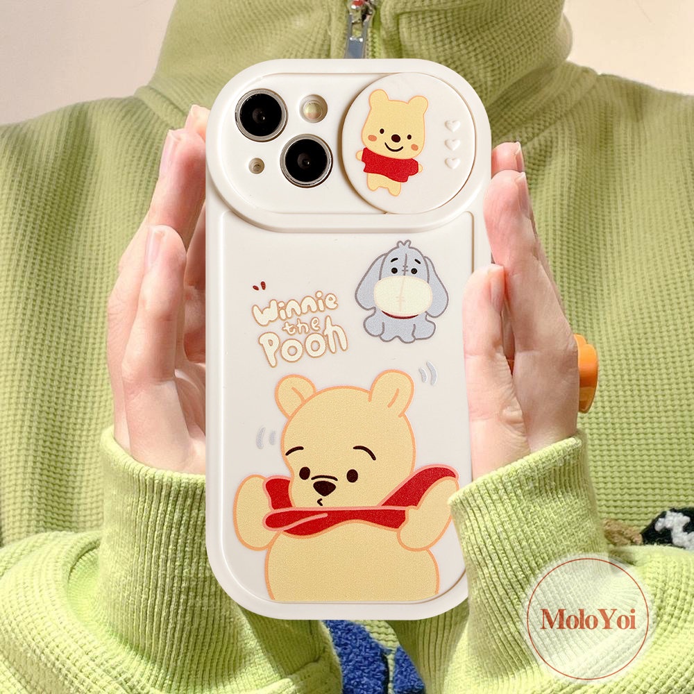 IPHONE Pasangan Case Kompatibel Untuk Iphone13 11 12 Pro MAX 7plus 7 8 Plus XR X XS MAX Kartun Strawberry Bear Manyo Winnie the Pooh Tarik Jendela Kamera Perlindungan Soft Cover