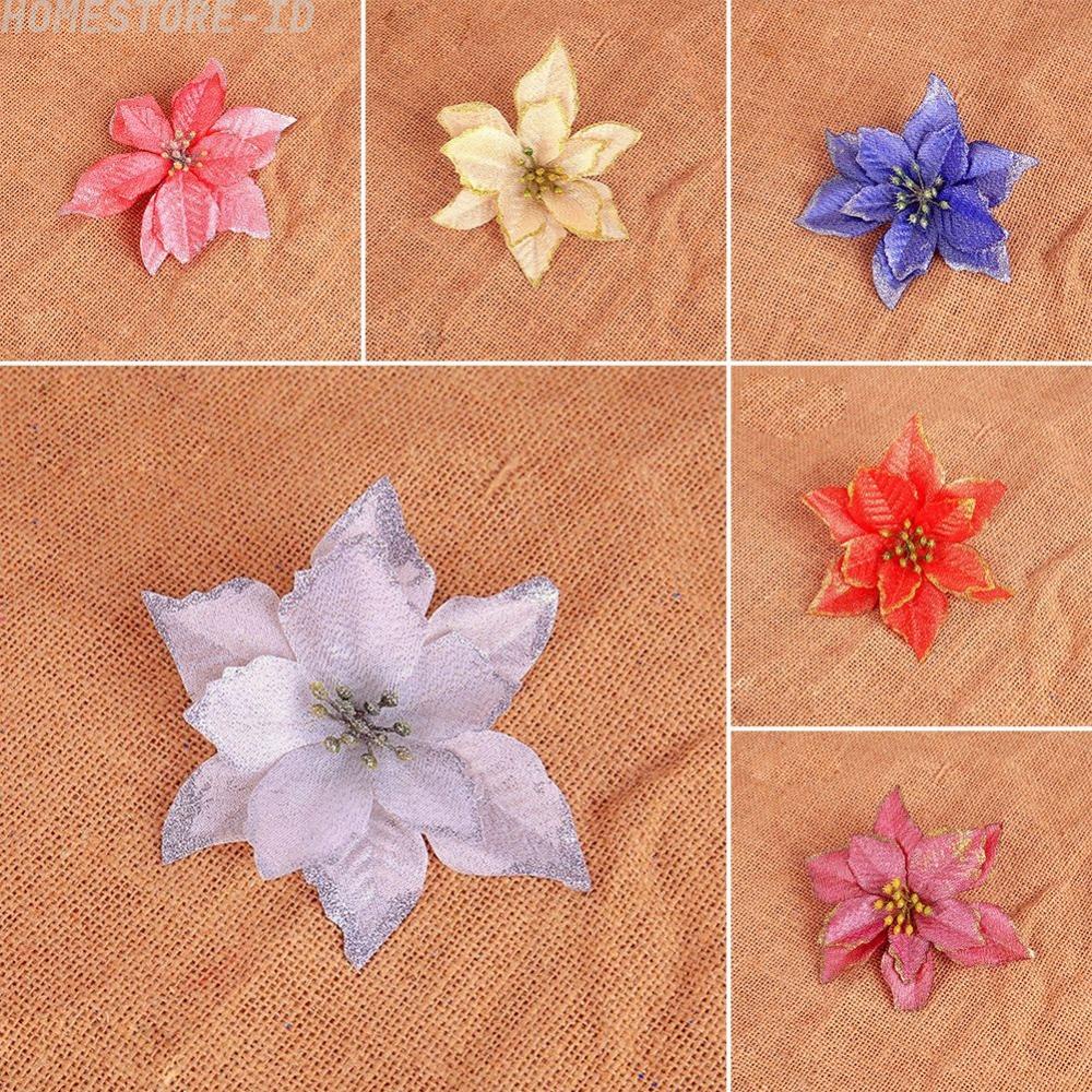 24pcs Glitter Artificial Poinsettia Ornamen Pohon Natal Home Decor Flower