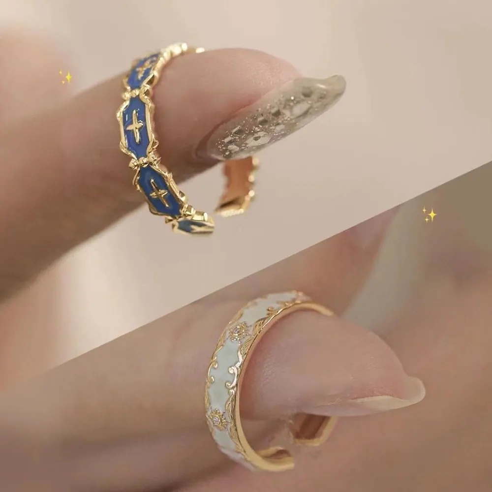 Unik Enamel Berwarna Terbuka Dapat Disesuaikan Cincin Bunga Cincin Ins Gaya Pasangan Rings Halus Fashion Retro Tetes Minyak Silang Rings Untuk Wanita Perempuan Perhiasan Elegan