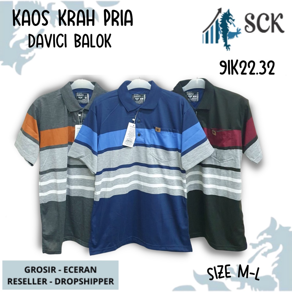 Kaos Kerah Pria DAVICI 9HB22.04 9IK22.32 Motif Salur Kombinasi Halus Original / Baju Cowok Size M-L - sckmenwear GROSIR