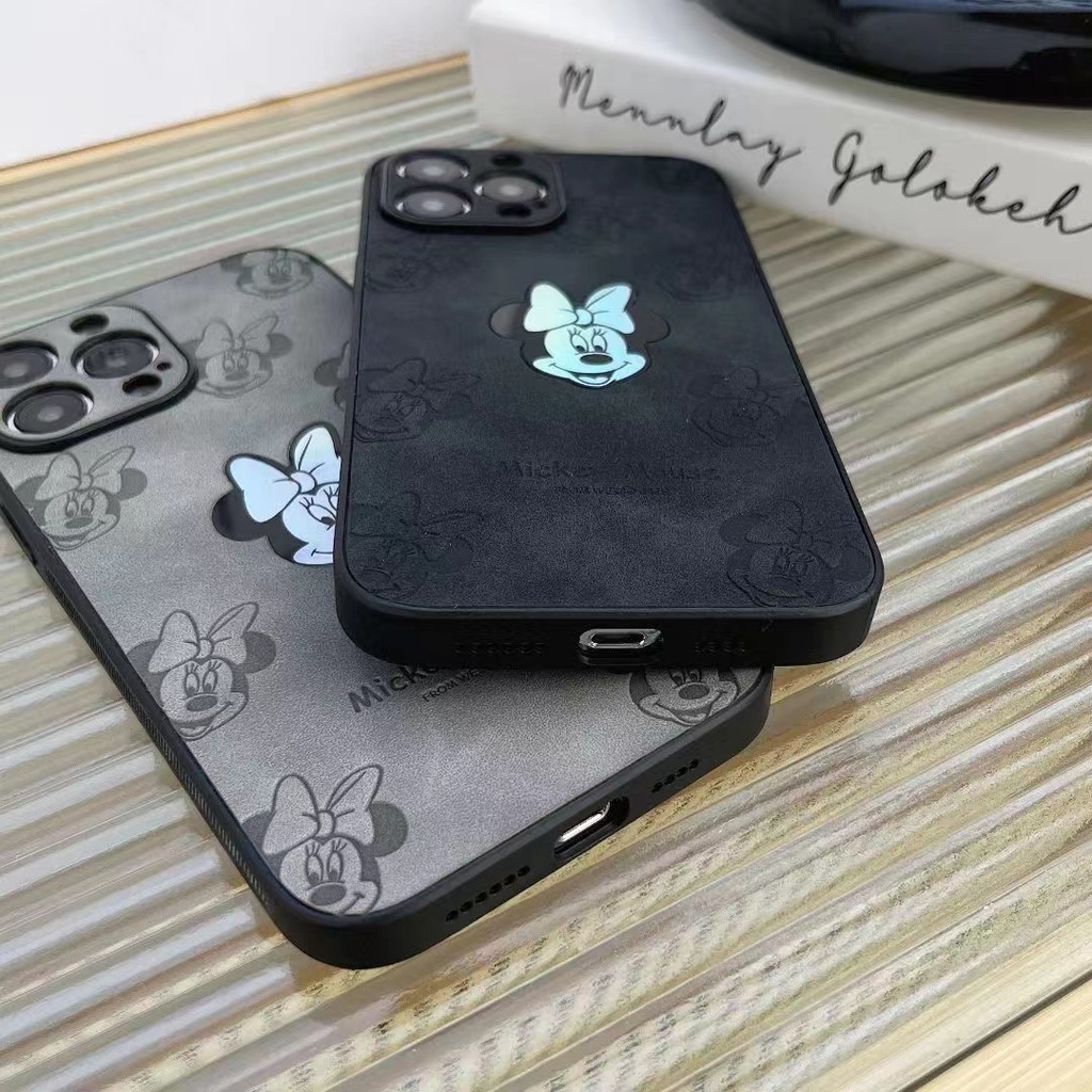 Laser Bow Mickey&amp;Minnie Back Casing for IPhone 14 12 13 11 Pro Max 14plus Leather Lens Protective Case