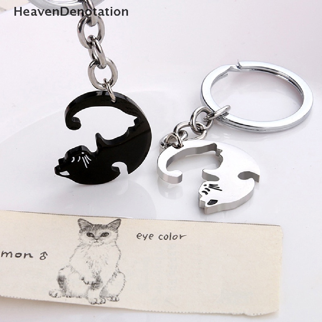 [HeavenDenotation] 1pasang Lucu Kucing Hitam Gantungan Kunci Patchwork Hati Bulat Pasangan Pecinta Keyring Stainless Steel Ransel Kunci Mobil Gantungan Perhiasan HDV