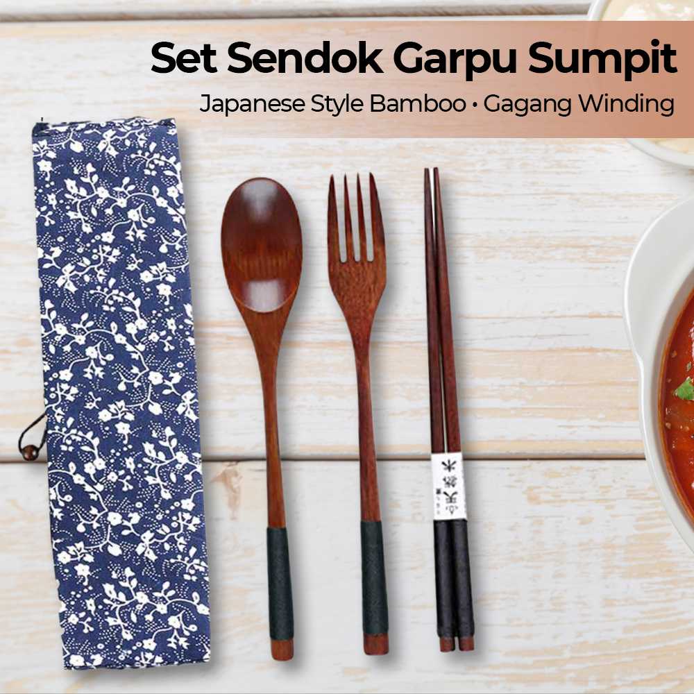 (BISA COD) FTIHSHP BAISPO Set Sendok Garpu Sumpit Japanese Style Bamboo - EA025