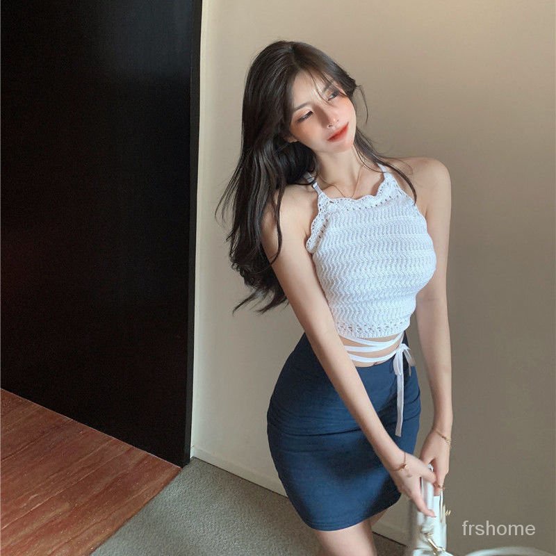 Musim panas gaya Hong Kong yang chic rompi rajutan rajutan vintage pendek rajutan wanita menggantung