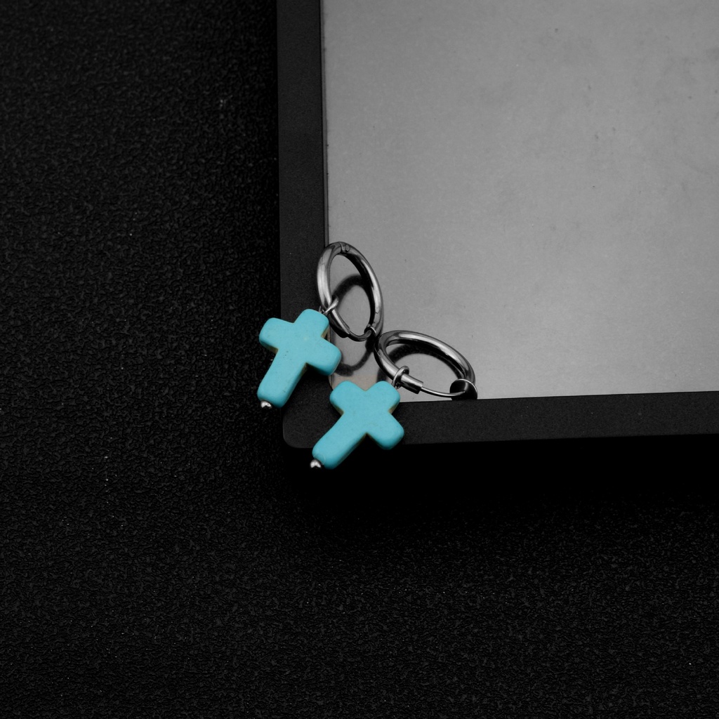 Turquoise Cross Unik Niche Ringan Mewah Baja Titanium Anting Klip Telinga Pria Wanita Earrings