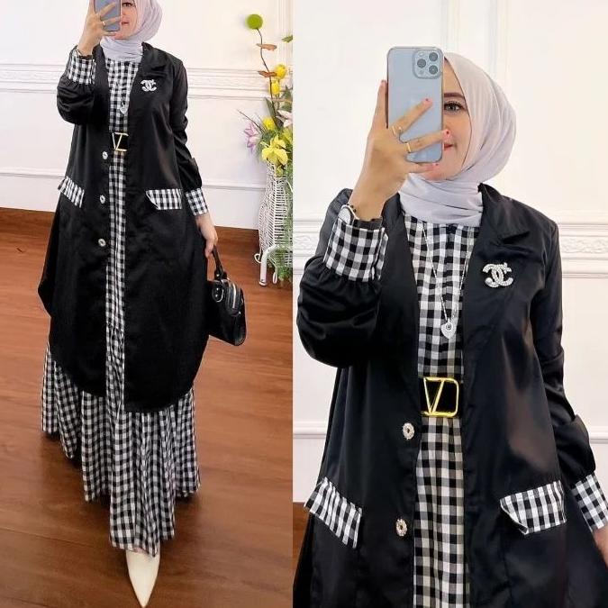 HARGA BERSAHABAT R.A - Chiki Set Premium Setelan Gamis Blazer Korean Style Wanita Dress Maxi 2in1 Fa