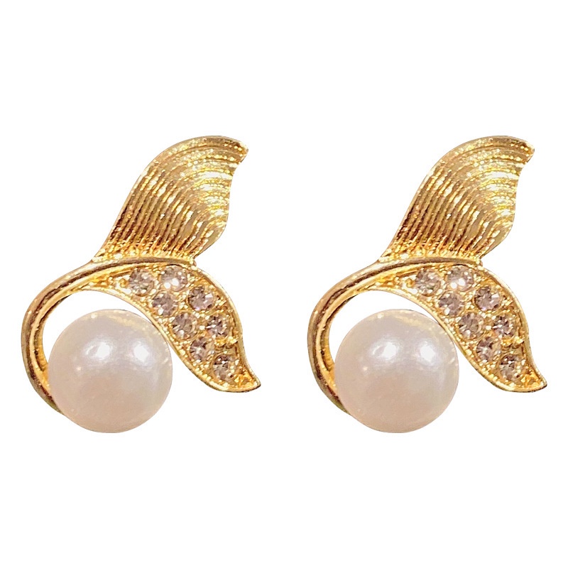 Baru Mermaid Fishtail Mutiara S925 Perak Disepuh Earring Ear Studs Untuk Gadis Manis