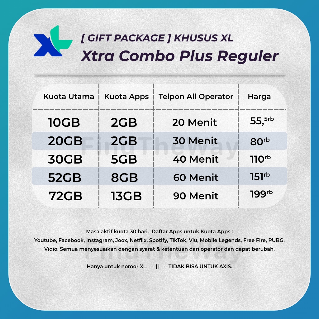 [Gift] XL XTRA COMBO PLUS REGULER 10GB, 20GB, 30GB, 52GB, 72GB 30 hari
