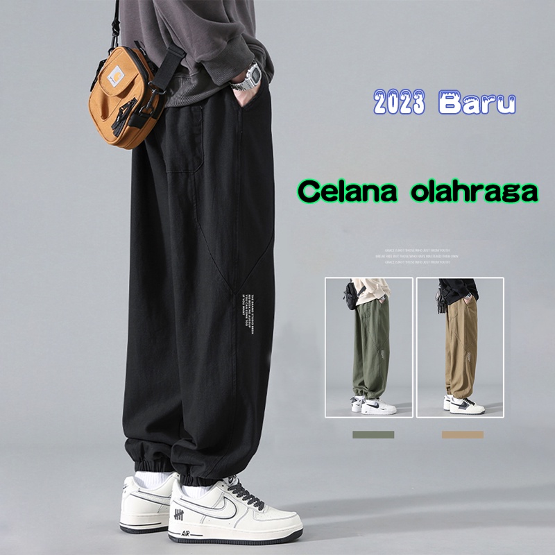 Celana cargo Fashion korea celana joger pria lurus loose pants pria celana kasual Fashion korea celana olahraga running hitam Pinggang Elastis celana panjang pria