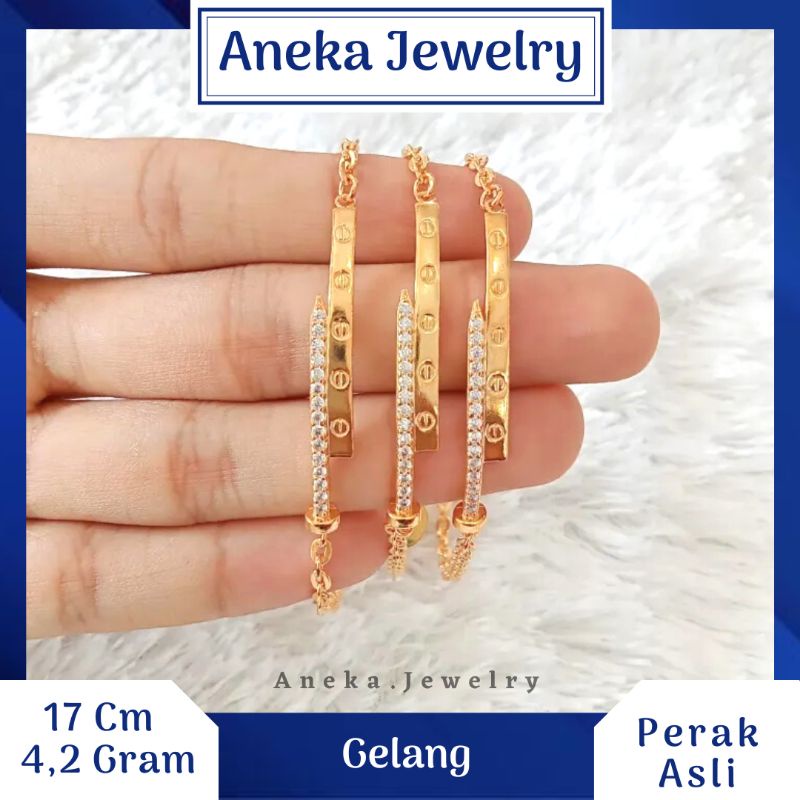 Gelang Holo Plat Mata Baris, Sepuh Emas Kuning, Perak 925