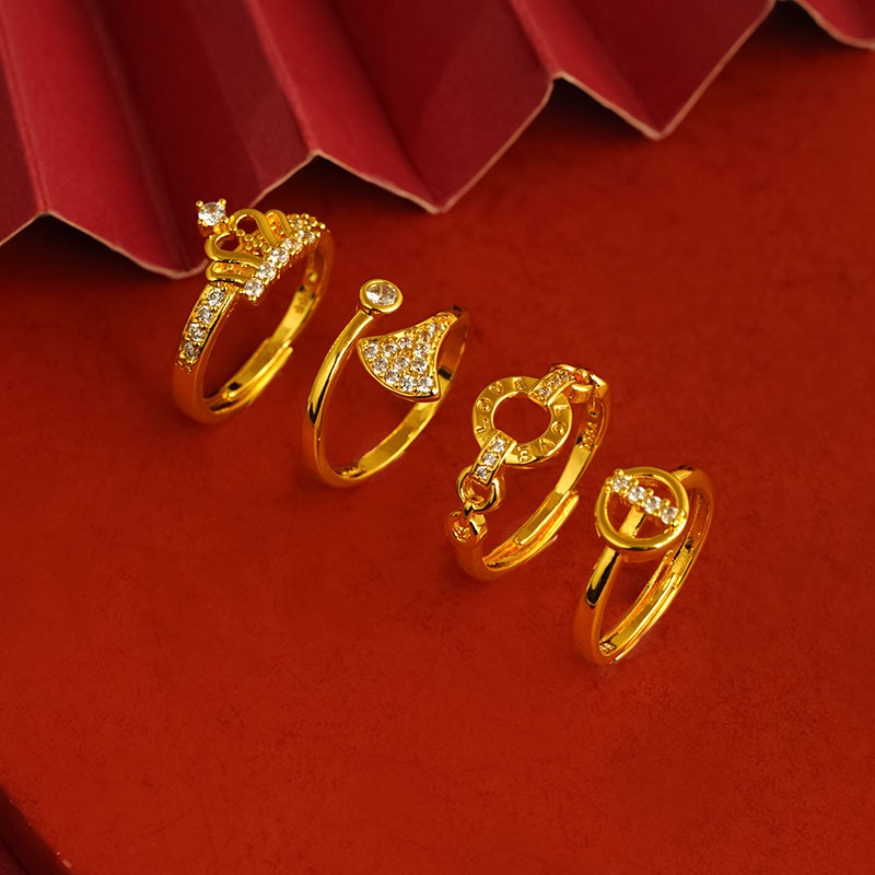 Goldkingdom Fashion Perhiasan 24 K Bangkok Aksesoris Ready Stock Ginkgo Daun Indah Cincin Mahkota Micro Berlian-Ukir Hadiah Untuk Wanita