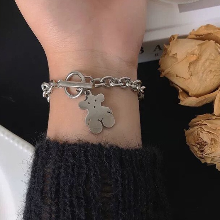 Harajuku Bear Gelang ins Trendi Keren Sederhana Lucu Hip Hop Pasangan Gadis Mahasiswa Unik All-Match Gelang Baja Titanium