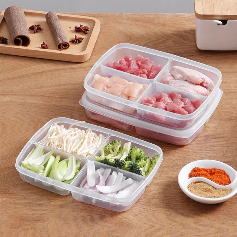 4 Grids Refrigerator Vegetable Fresh Keeping Case / Reusable PP Plastic Food Fruit Storage Box With Cover