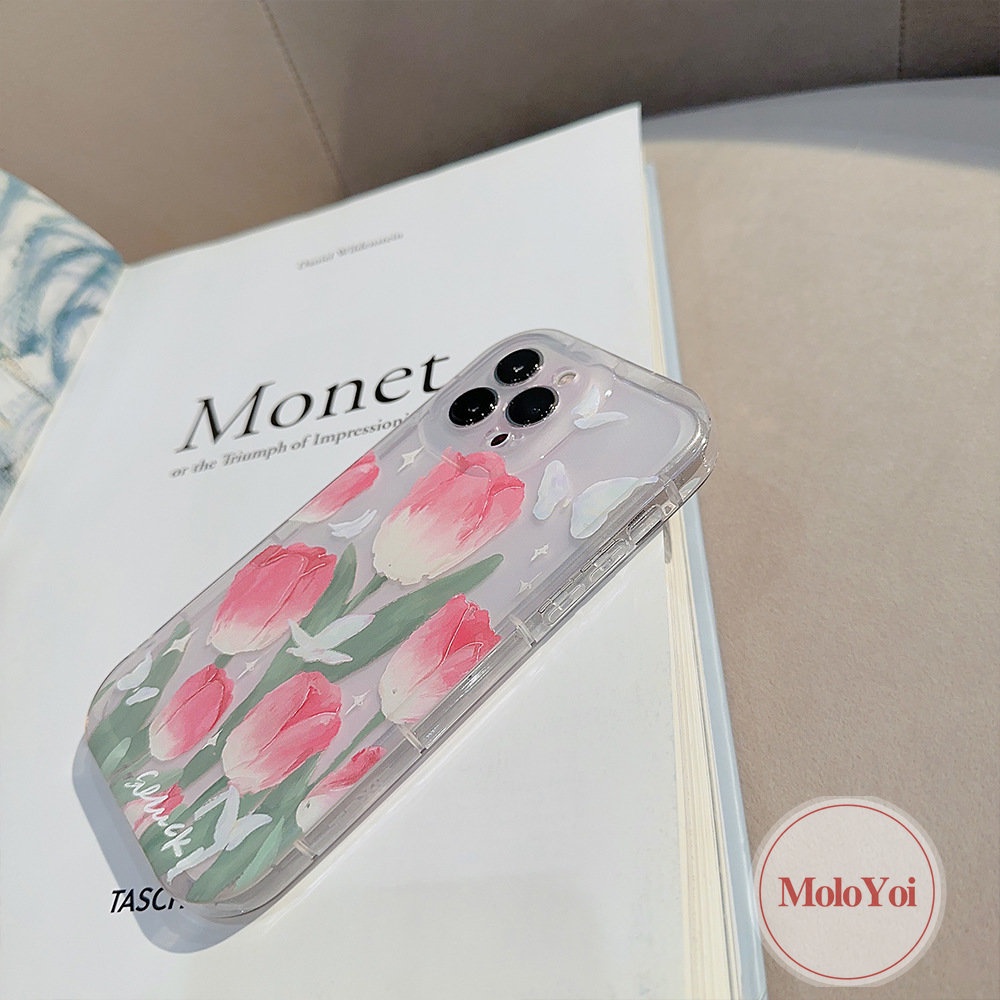 IPHONE Airbag Case Kompatibel Untuk Iphone14 11 6 6S 7 8 Plus 13 12 Pro MAX XR X XS MAX Fashion Segar Musim Semi Bunga Tulip Kupu-Kupu Shockproof Lembut TPU Phone Case