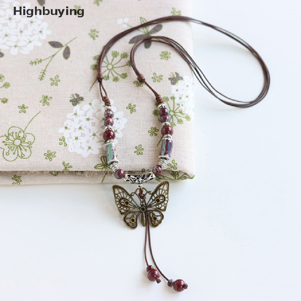 Hbid Manik-Manik Kupu-Kupu Antik Anyaman Rantai Liontin Kalung Panjang Manik-Manik Keramik Rumbai Sweater Rantai Kepribadian Gaya Etnik Liontin Kalung Glory