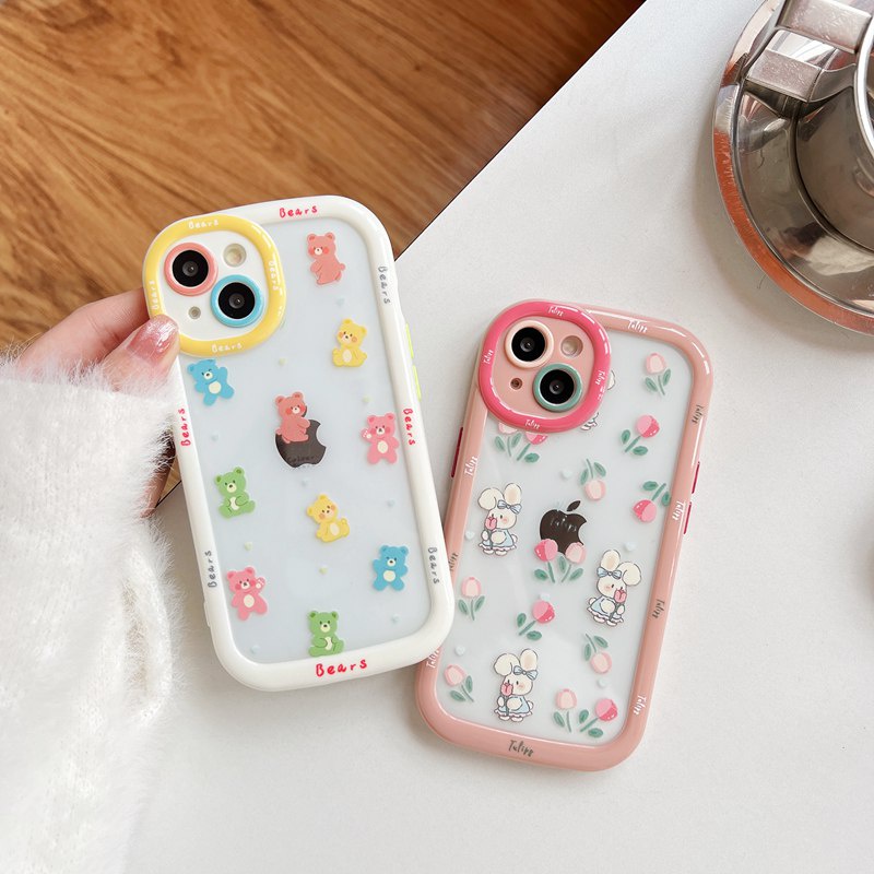 Cute Bears Puff Case iPhone 11 12 13 14 Pro Max 14 Plus Women's Cute Pink Friends Gifts Soft Casing Cover Camera Lens protect