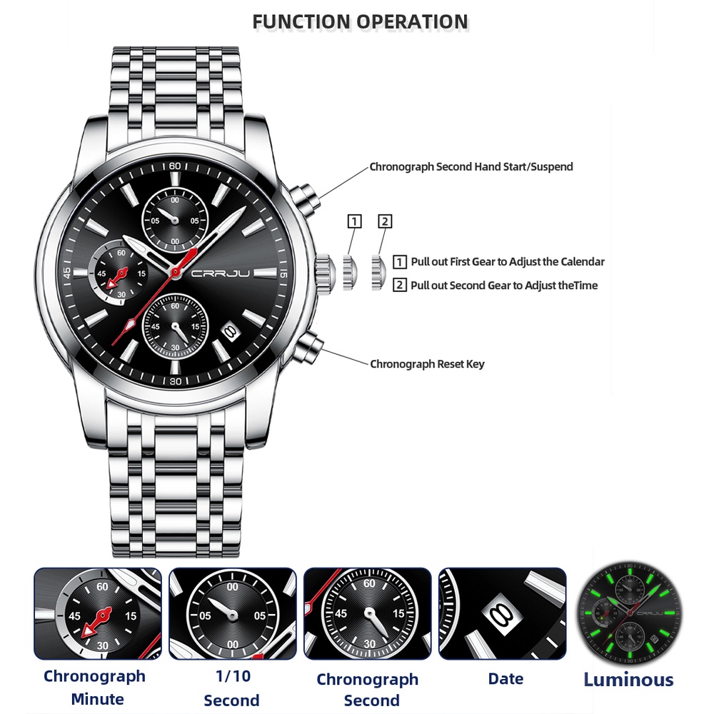 CRRJU Jam Tangan Pria Luxury Stainless Steel Quartz Original Anti Air Watch Jam Tangan Kalender Otomatis Bercahaya Multifungsi Olahraga Chronograph