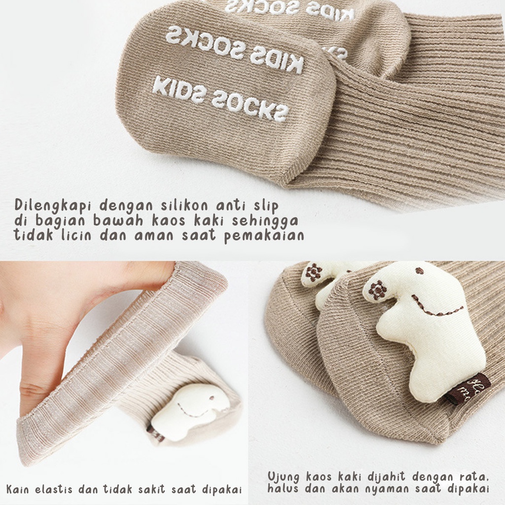 Kaos Kaki Bayi Panjang Anti Slip Anak Perempuan Laki-laki Aksen Boneka 3D Style Korea KAAR