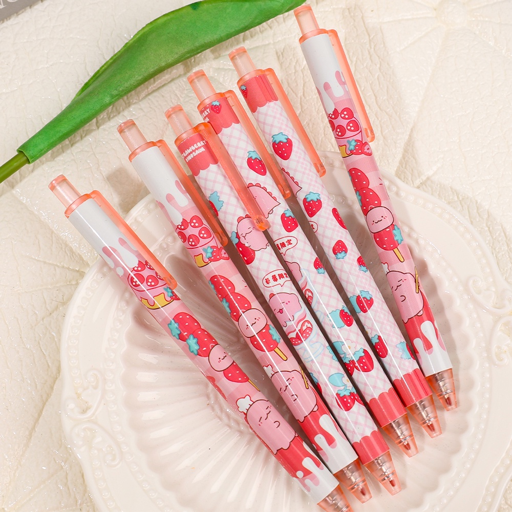 [Grosir] Hitam 0.5mm Siswa Tanda Tangan Pena Alat Tulis Kantor Kartun Lucu Cream Strawberry Pink Dinosaurus Kecil Pena Netral Push-Type Core Menulis Pena Hari Anak Hadiah