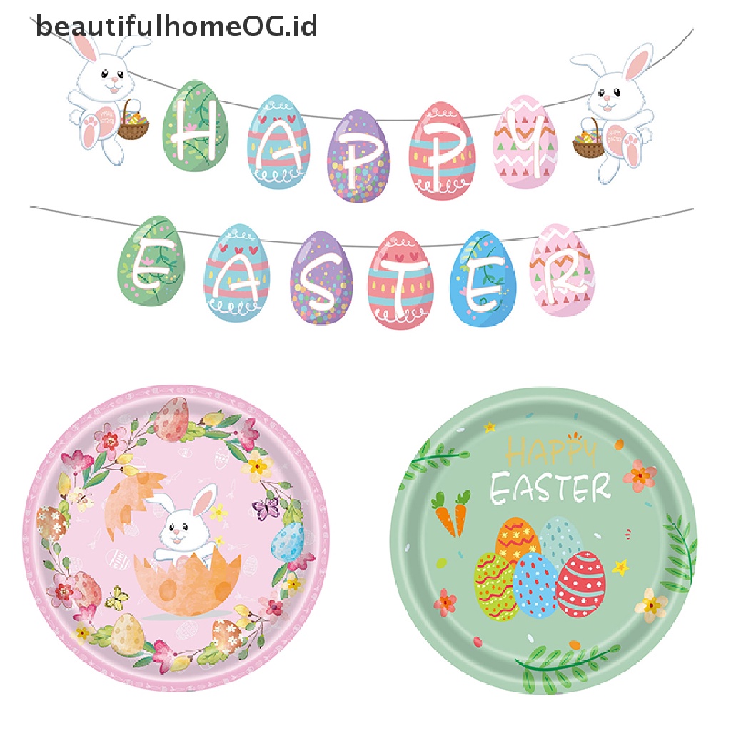 // Beautifulhomeog.id// Happy Easter Banner Bunny Piring Telur Gelas Kertas Serbet Taplak Meja Dekorasi Paskah **