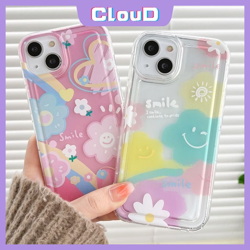IPHONE Cute Smile Fresh Sunflower Shockproof Airbag Case Kompatibel Untuk Iphone11 7 8 Plus XR X 13 11 12 14 Pro Max 6s 6 Plus SE 2020 Ins Korea Colorful Love Heart Soft TPU Back Cover