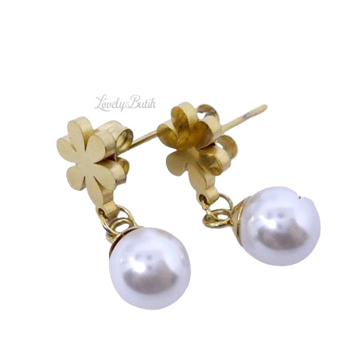Anting Titanium Wanita Anti Karat Gandulan Mutiara Flower Anting Tindik Terbaru - Lovelybutik