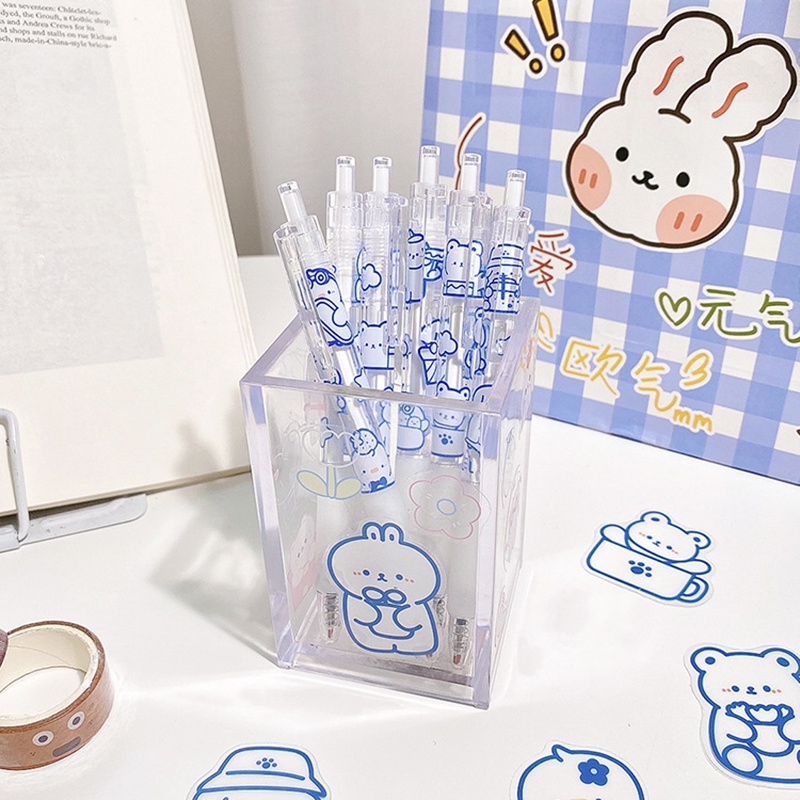 [Harga Grosir] 1pc Kawaii Blue Animal Gel Pen INS Korea Pulpen Transparan Tulisan Halus 0.5mm Hitam Press Pen Siswa Alat Tulis Perlengkapan Kantor Sekolah