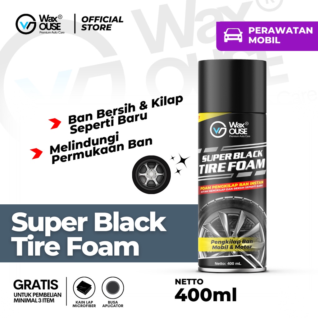 Waxouse Paket Pembersih Jamur Kaca Mobil Carnauba Paste Wax Premium dan Semir Ban Instan Super Black Tire Foam