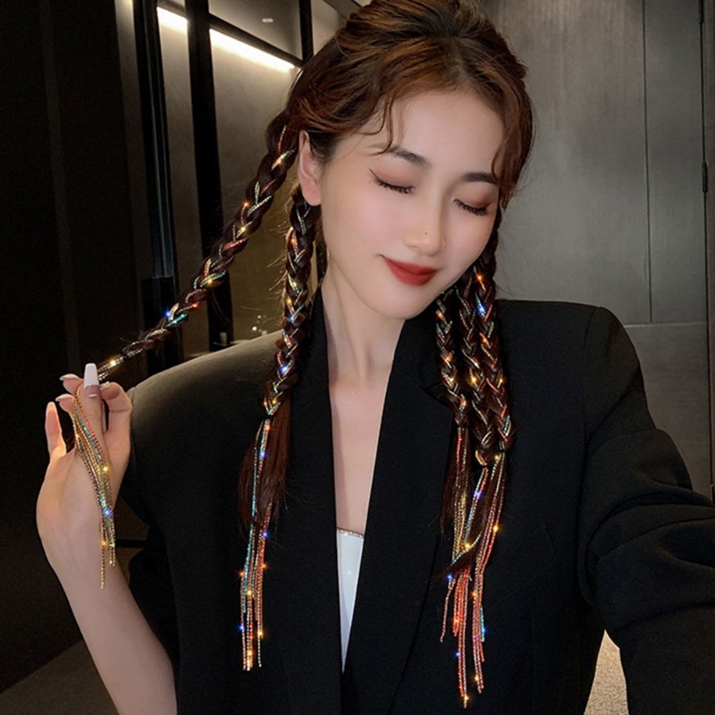 Ikat Rambut Kepang Kristal Sparkly Warna-Warni/Rantai Berlian Rumbai Temperamen Fashion Untuk Wanita Gadis Dekorasi Ponytail