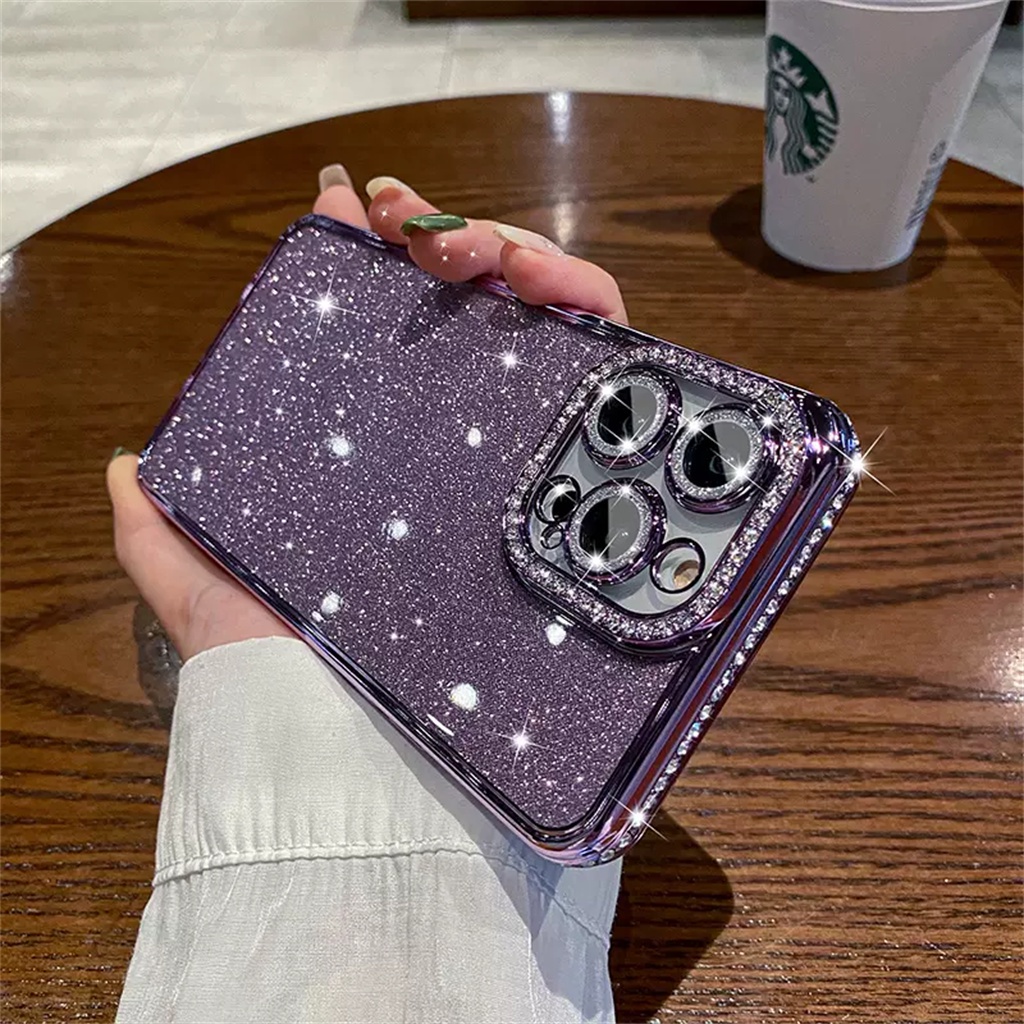 Casing Lensa Perlindungan Kamera Berlian Mewah iPhone 14 Pro Max Case13 12 Pro Max Iphone14 Plus Kedip Berlapis Tertutup Penuh Tahan Guncangan Soft Case