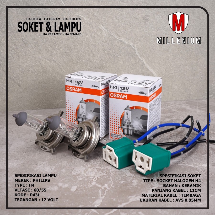 SOKET LAMPU H4 FEMALE DENGAN LAMPU H4 60/55W 12V PHILIPS HELLA OSRAM