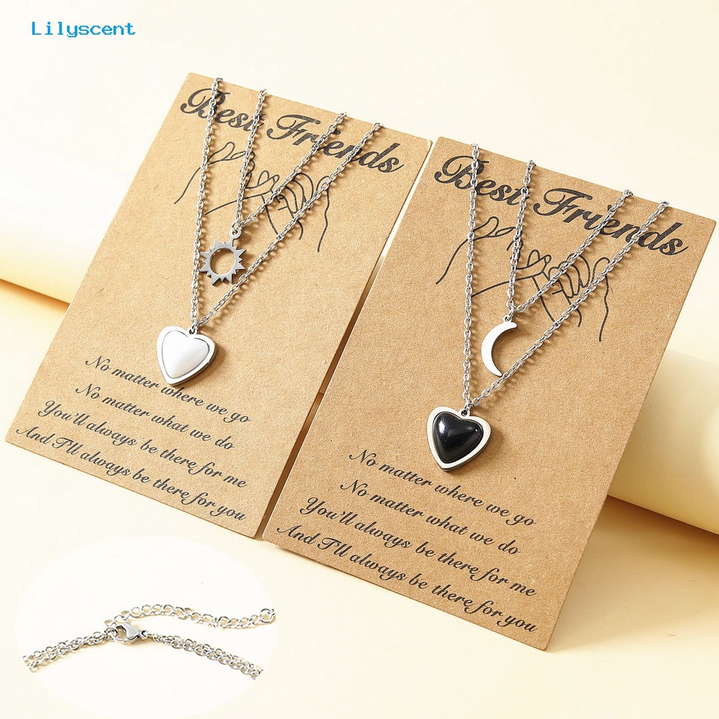 [LS] 1pasang Pasangan Kalung Kepribadian Stainless Steel Dua Lapisan Resin Berlian Imitasi Cinta Hati Matahari Bulan Batu Liontin Kalung Fashion Perhiasan