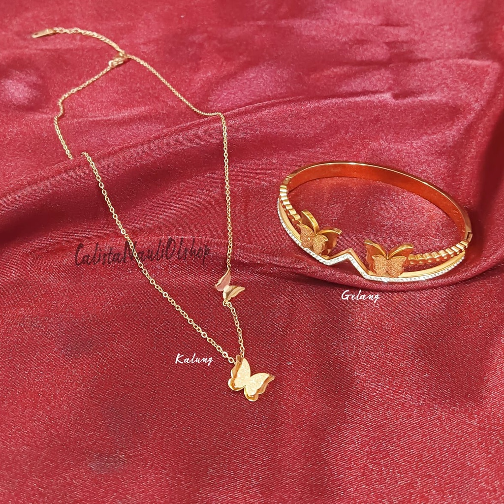 Set Kalung+Gelang Titanium Kupu Kupu Big Small Zircon Fashion Anti Karat Dan Anti Luntur