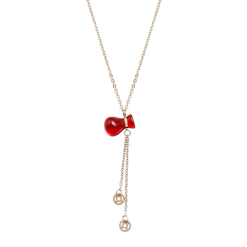 Kalung Rantai Klavikula Pendek Desain Botol Anggur Merah Labu Bahan Titanium Steel Lapis Rose Gold 18K